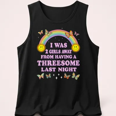 Colorful cartoon shirt with smiling suns, butterflies, and humorous text — printed on a tank top