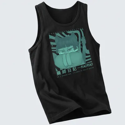 Anime-style cat t-shirt with humorous text about dying of poison — printed on a tank top