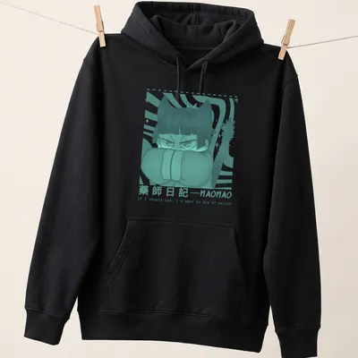 Anime-style cat t-shirt with humorous text about dying of poison — printed on a unisex hoodie