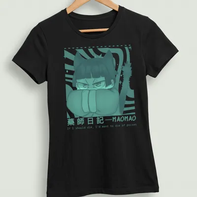 Anime-style cat t-shirt with humorous text about dying of poison — printed on a women's shirt