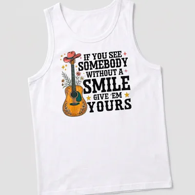 Colorful vintage design with text about smiles and an illustrated guitar — printed on a tank top