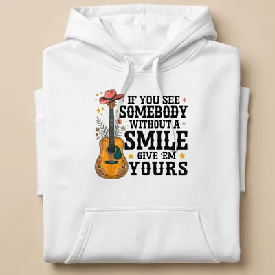 Colorful vintage design with text about smiles and an illustrated guitar — printed on a unisex hoodie
