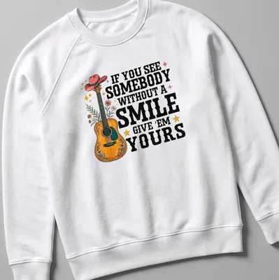 Colorful vintage design with text about smiles and an illustrated guitar — printed on a unisex sweatshirt