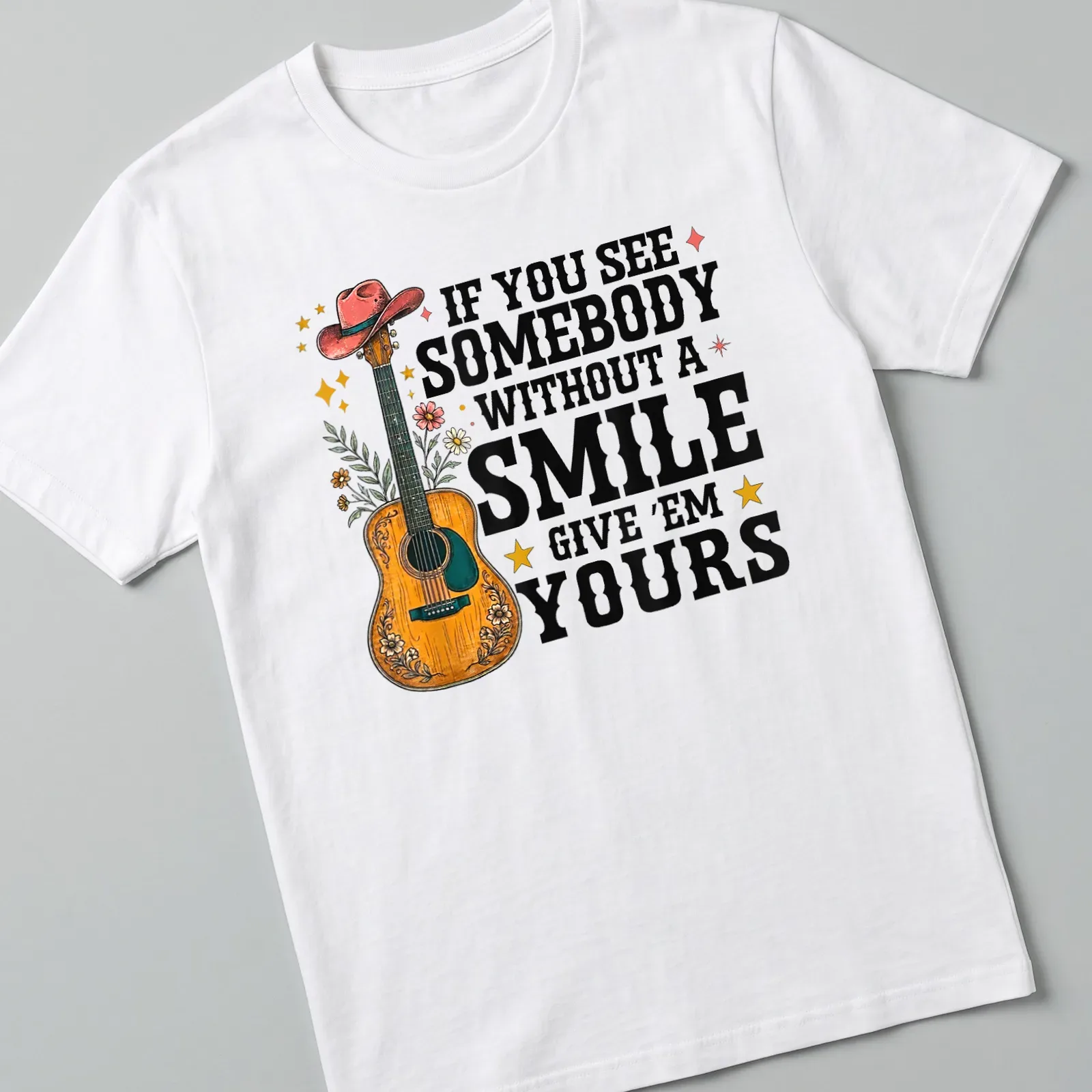 Colorful vintage design with text about smiles and an illustrated guitar — printed on a unisex t-shirt