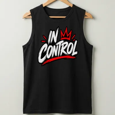 Bold graffiti style t-shirt featuring the text IN CONTROL in red, black, and white. — printed on a tank top
