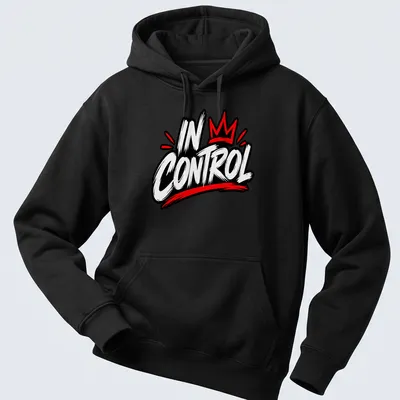 Bold graffiti style t-shirt featuring the text IN CONTROL in red, black, and white. — printed on a unisex hoodie