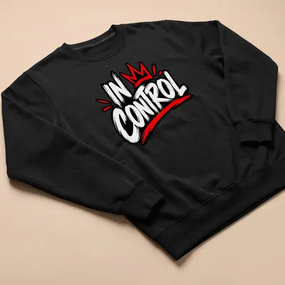 Bold graffiti style t-shirt featuring the text IN CONTROL in red, black, and white. — printed on a unisex sweatshirt