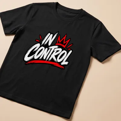 Bold graffiti style t-shirt featuring the text IN CONTROL in red, black, and white. — printed on a unisex t-shirt