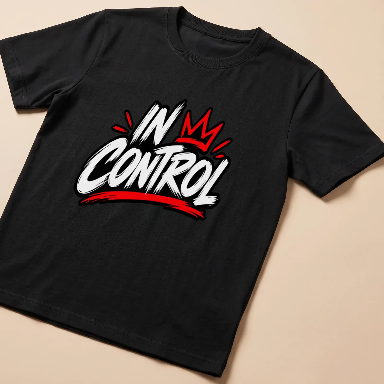 Bold graffiti style t-shirt featuring the text IN CONTROL in red, black, and white. — printed on a unisex t-shirt