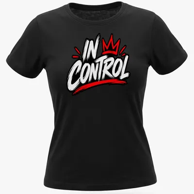 Bold graffiti style t-shirt featuring the text IN CONTROL in red, black, and white. — printed on a women's shirt