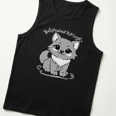 Kawaii line-art of a cute gray dog with text 'Independent but loyal.' — printed on a tank top