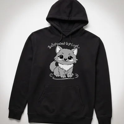 Kawaii line-art of a cute gray dog with text 'Independent but loyal.' — printed on a unisex hoodie