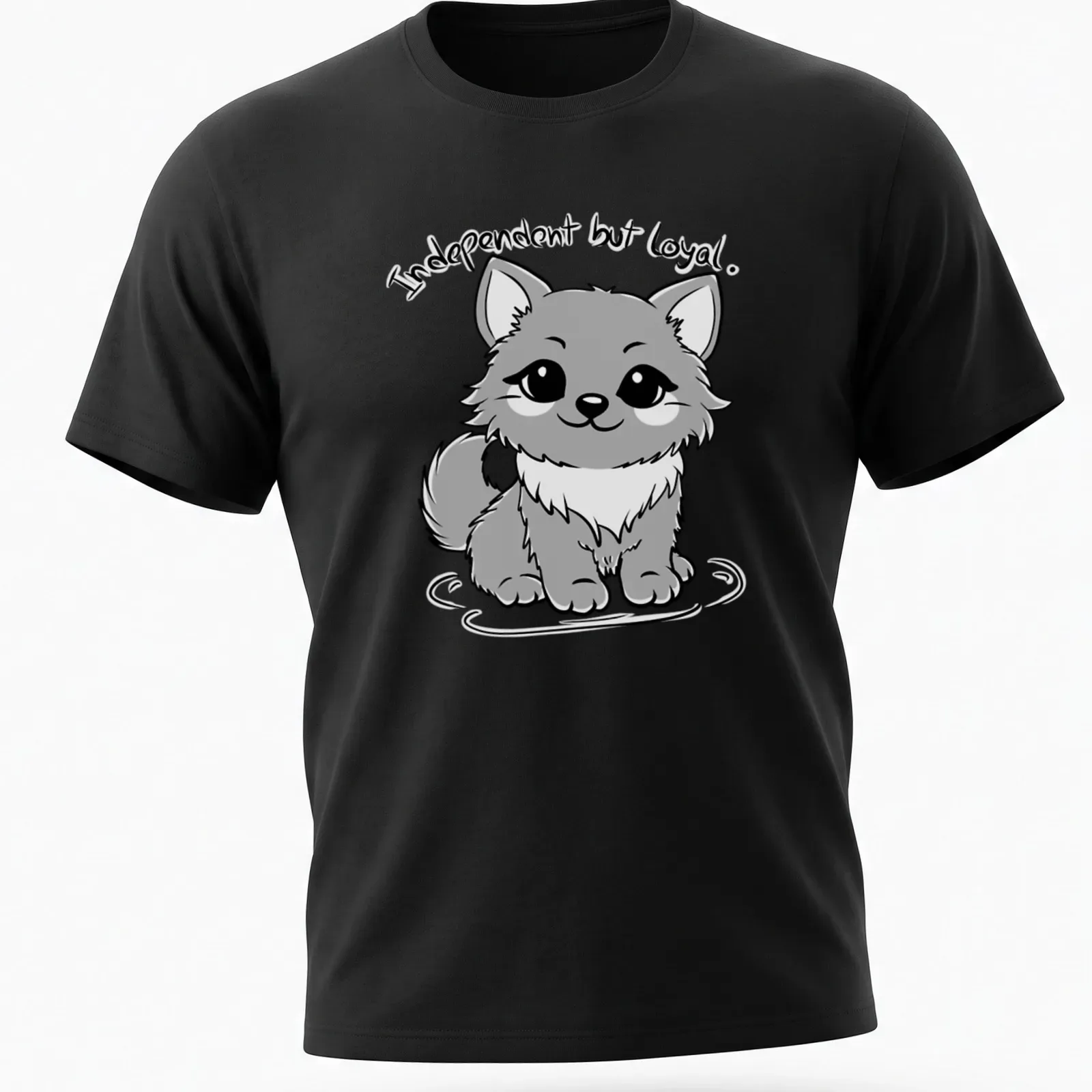 Kawaii line-art of a cute gray dog with text 'Independent but loyal.' — printed on a unisex t-shirt
