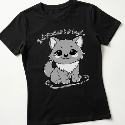 Kawaii line-art of a cute gray dog with text 'Independent but loyal.' — printed on a women's shirt