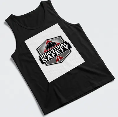Vintage badge style t-shirt featuring hard hat and Industrial Safety text — printed on a tank top