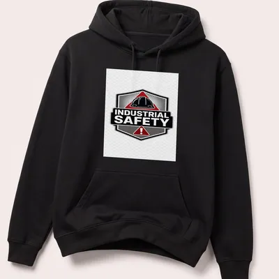 Vintage badge style t-shirt featuring hard hat and Industrial Safety text — printed on a unisex hoodie