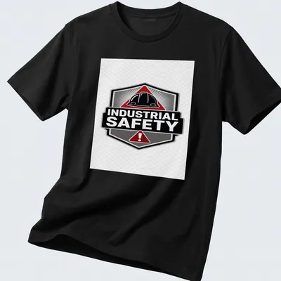 Vintage badge style t-shirt featuring hard hat and Industrial Safety text — printed on a unisex t-shirt