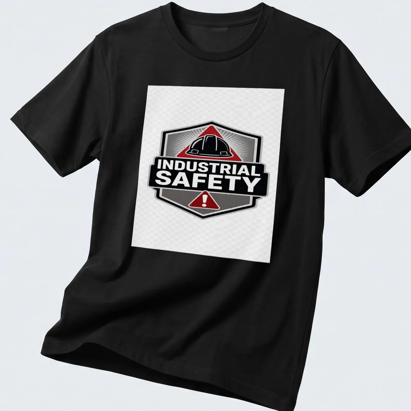 Vintage badge style t-shirt featuring hard hat and Industrial Safety text — printed on a unisex t-shirt