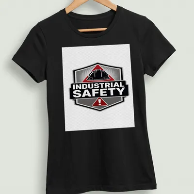 Vintage badge style t-shirt featuring hard hat and Industrial Safety text — printed on a women's shirt