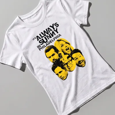 Bold graphic tee featuring the cast of It's Always Sunny In Philadelphia in yellow and black — printed on a women's shirt