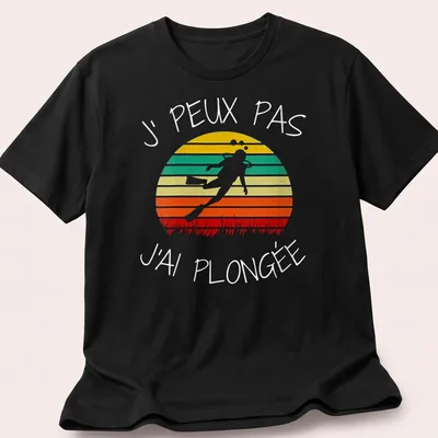 Retro design featuring scuba diver text in orange, green, yellow, red, and white colors — printed on a unisex t-shirt