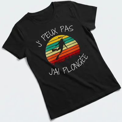 Retro design featuring scuba diver text in orange, green, yellow, red, and white colors — printed on a women's shirt