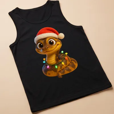 Cartoonish Jamaican boa snake wrapped in colorful Christmas lights — printed on a tank top