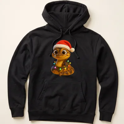Cartoonish Jamaican boa snake wrapped in colorful Christmas lights — printed on a unisex hoodie