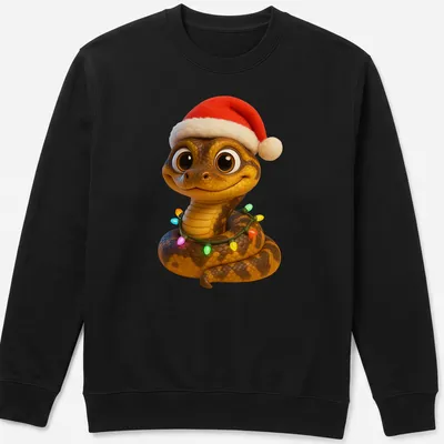 Cartoonish Jamaican boa snake wrapped in colorful Christmas lights — printed on a unisex sweatshirt