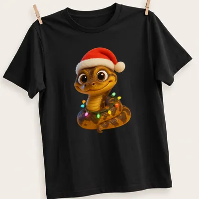Cartoonish Jamaican boa snake wrapped in colorful Christmas lights — printed on a unisex t-shirt