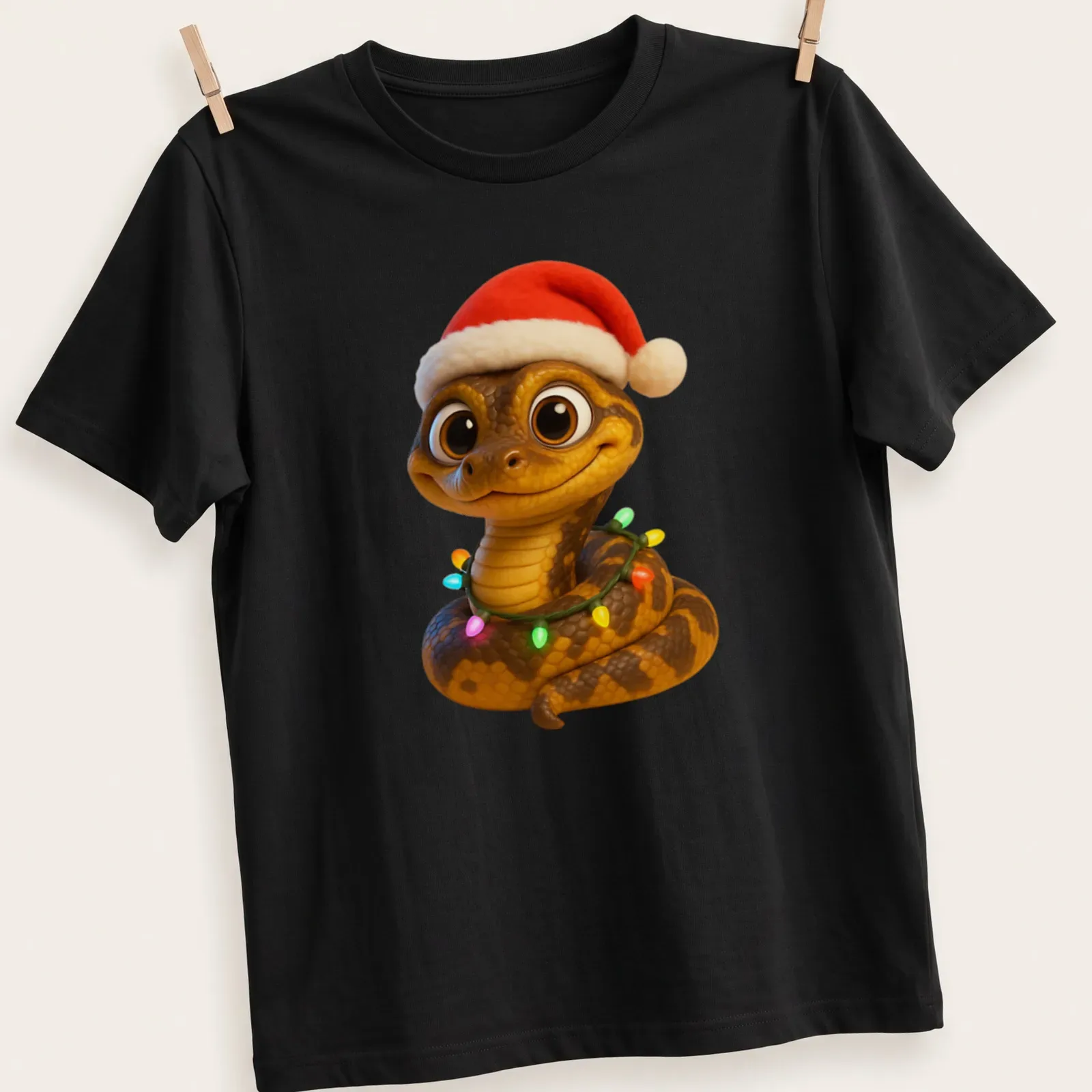 Cartoonish Jamaican boa snake wrapped in colorful Christmas lights — printed on a unisex t-shirt