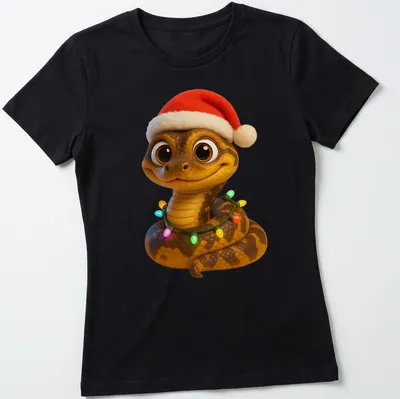 Cartoonish Jamaican boa snake wrapped in colorful Christmas lights — printed on a women's shirt