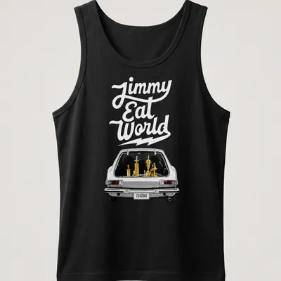 Vintage design featuring a car with trophies and the text Jimmy Eat World — printed on a tank top