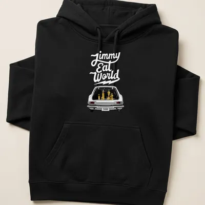 Vintage design featuring a car with trophies and the text Jimmy Eat World — printed on a unisex hoodie