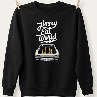 Vintage design featuring a car with trophies and the text Jimmy Eat World — printed on a unisex sweatshirt