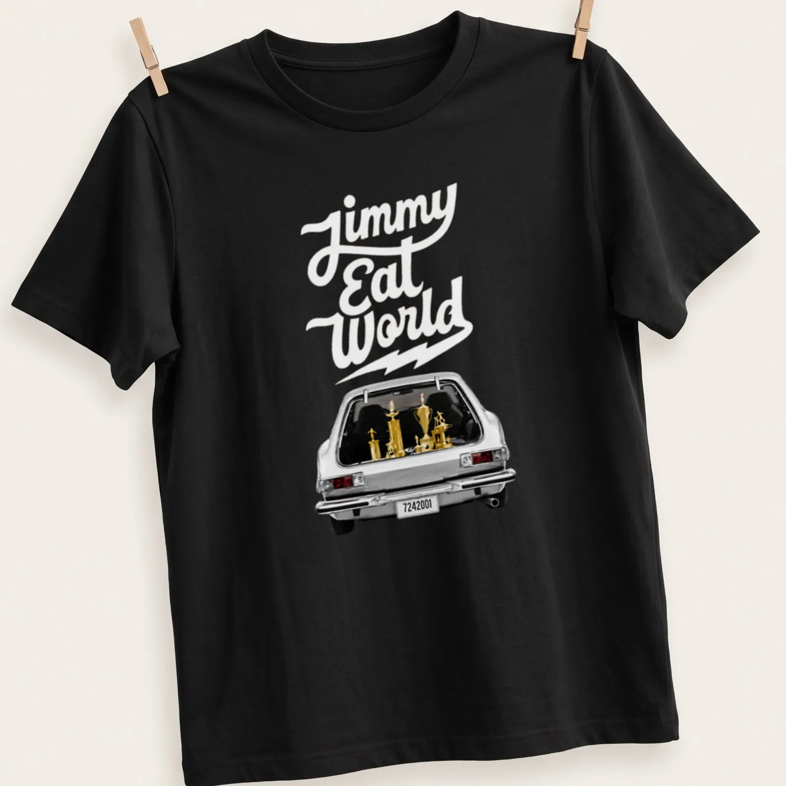 Vintage design featuring a car with trophies and the text Jimmy Eat World — printed on a unisex t-shirt