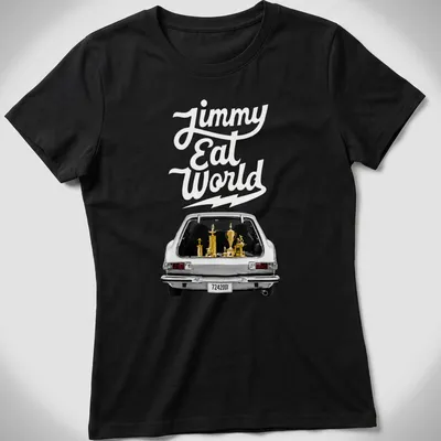Vintage design featuring a car with trophies and the text Jimmy Eat World — printed on a women's shirt