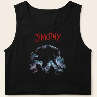Illustrative t-shirt featuring a raccoon bursting from a grave with colorful text beneath — printed on a tank top