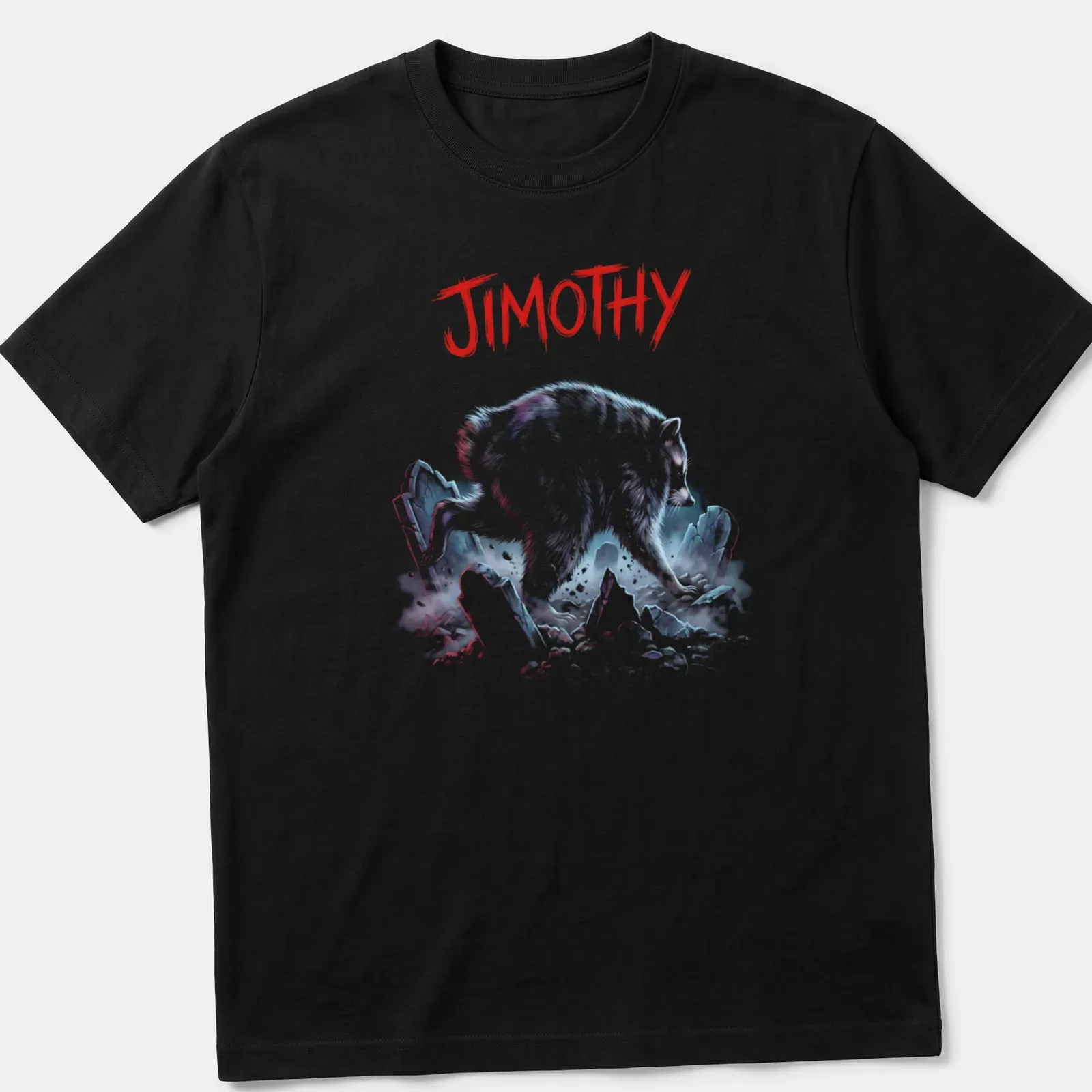 Illustrative t-shirt featuring a raccoon bursting from a grave with colorful text beneath — printed on a unisex t-shirt