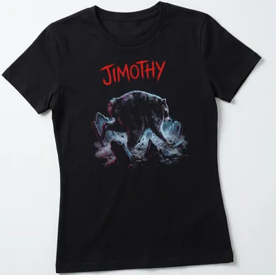 Illustrative t-shirt featuring a raccoon bursting from a grave with colorful text beneath — printed on a women's shirt