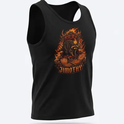 Illustration of a crowned raccoon with flames and bones, featuring the name 'Jimothy' — printed on a tank top