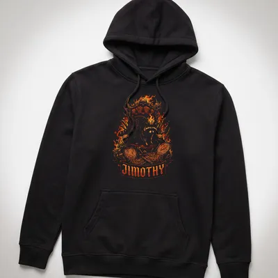 Illustration of a crowned raccoon with flames and bones, featuring the name 'Jimothy' — printed on a unisex hoodie