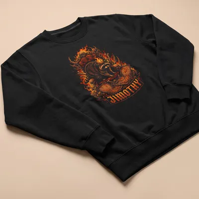 Illustration of a crowned raccoon with flames and bones, featuring the name 'Jimothy' — printed on a unisex sweatshirt