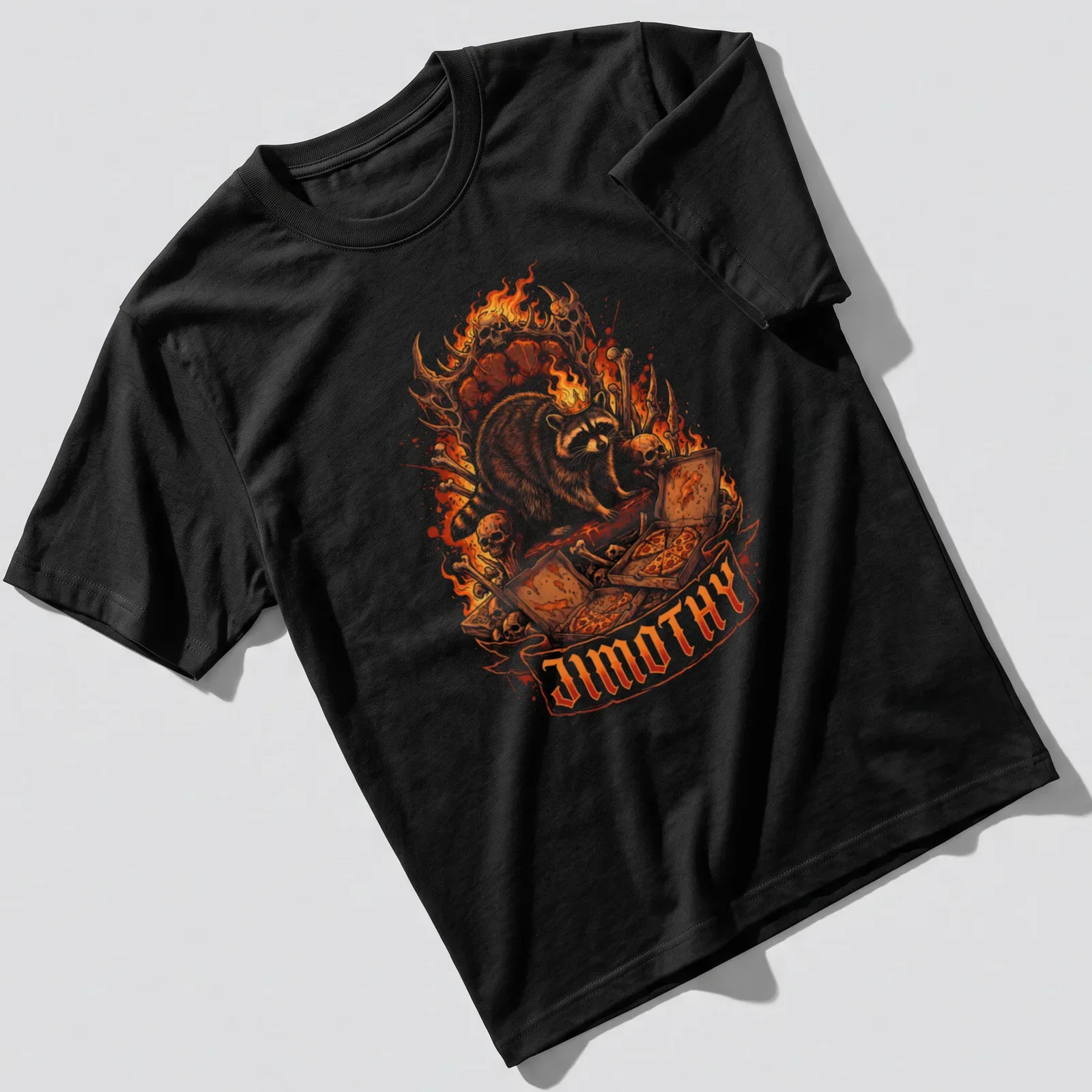 Illustration of a crowned raccoon with flames and bones, featuring the name 'Jimothy' — printed on a unisex t-shirt