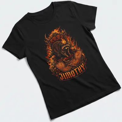 Illustration of a crowned raccoon with flames and bones, featuring the name 'Jimothy' — printed on a women's shirt