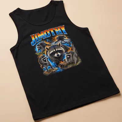 Vibrant detailed T-shirt with a raccoon and electric effects, featuring the name 'JIMOTHY' — printed on a tank top