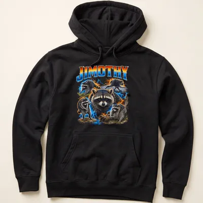 Vibrant detailed T-shirt with a raccoon and electric effects, featuring the name 'JIMOTHY' — printed on a unisex hoodie