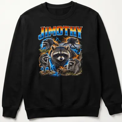 Vibrant detailed T-shirt with a raccoon and electric effects, featuring the name 'JIMOTHY' — printed on a unisex sweatshirt