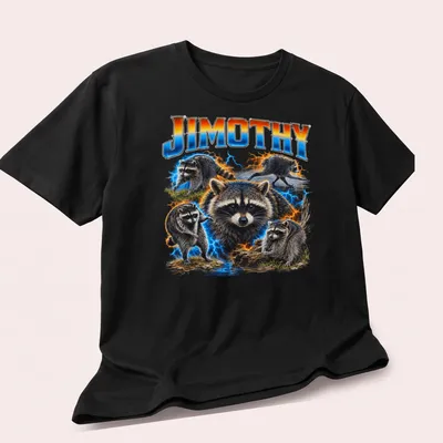Vibrant detailed T-shirt with a raccoon and electric effects, featuring the name 'JIMOTHY' — printed on a unisex t-shirt (angled view)