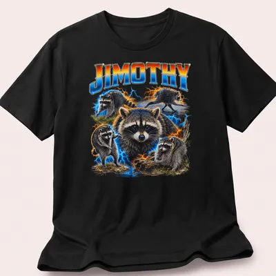Vibrant detailed T-shirt with a raccoon and electric effects, featuring the name 'JIMOTHY'